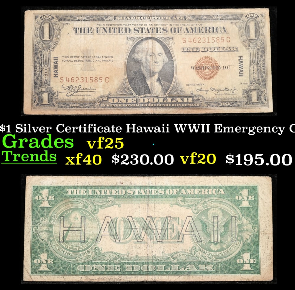 1935A $1 Silver Certificate Hawaii WWII Emergency Currency Grades vf+: 1935A $1 Silver Certificate Hawaii WWII Emergency Currency Grades vf+. FR-2300 Signatures of Julian & Morgenthau WWII Emergency Currency. It was the darkest days of World War II, just after Pearl Harb
