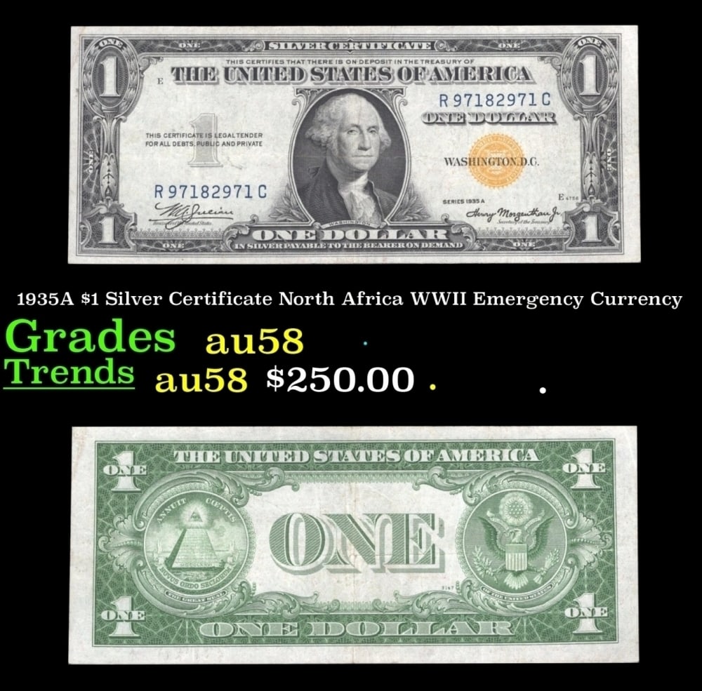 1935A $1 Silver Certificate North Africa WWII Emergency Currency Grades Choice AU/BU Slider: 1935A $1 Silver Certificate North Africa WWII Emergency Currency Grades Choice AU/BU Slider.