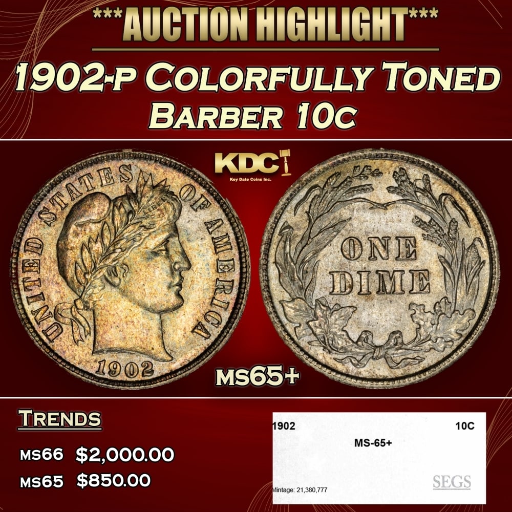1902-p Barber Dime Colorfully Toned 10c ms65+ SEGS (1 of 4)