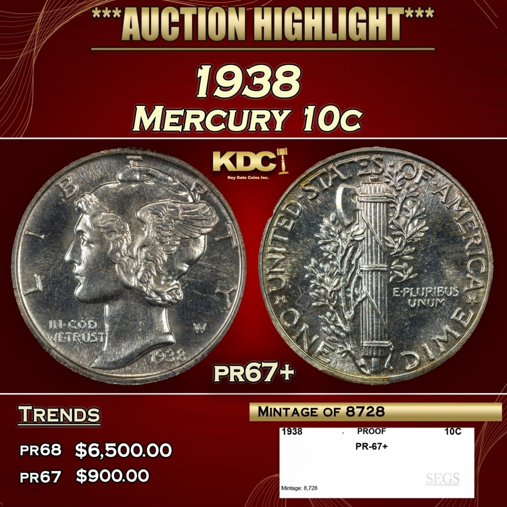 1938 Proof Mercury Dime 10c pr67+ SEGS (1 of 4)