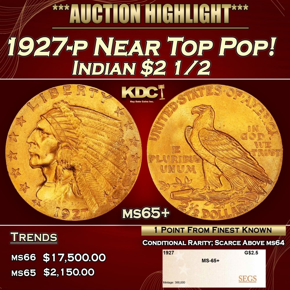1927-p Gold Indian Quarter Eagle Near Top Pop! $2 1/2 ms65+ SEGS (1 of 4)