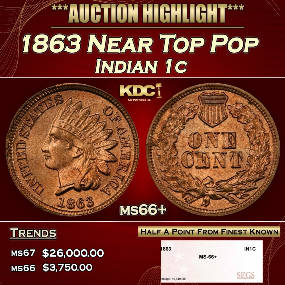 1863 Indian Cent Near Top Pop 1c ms66+ SEGS (1 of 4)