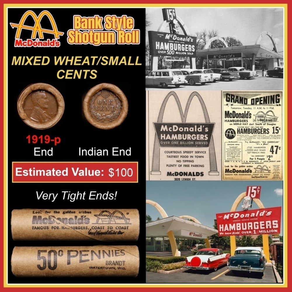 Lincoln Wheat Cent 1c Mixed Roll Orig Brandt McDonalds Wrapper, 1919-p end, Indian other end: Lincoln Wheat Cent 1c Mixed Roll Orig Brandt McDonalds Wrapper, 1919-p end, Indian other end. Lincoln Wheat Cent 1c mixed original Shotgun Roll. Actual roll pictured is the roll you will get. A great 