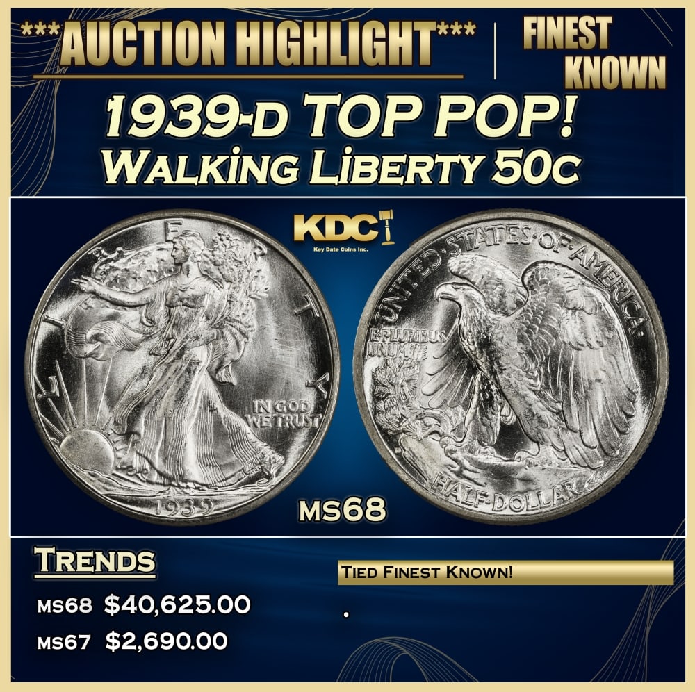 1939-d Walking Liberty Half Dollar TOP POP! 50c ms68 SEGS (1 of 3)