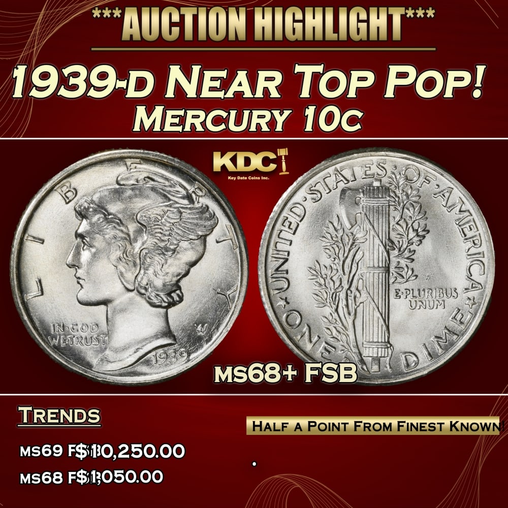 1939-d Mercury Dime Near Top Pop! 10c ms68+ FSB SEGS (1 of 3)