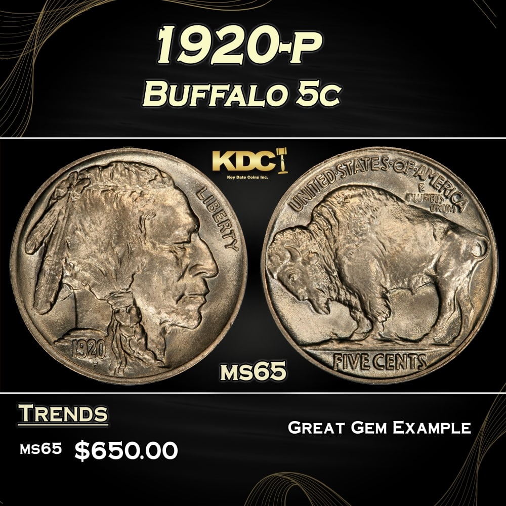 1920-p Buffalo Nickel 5c Grades ms65 (1 of 3)