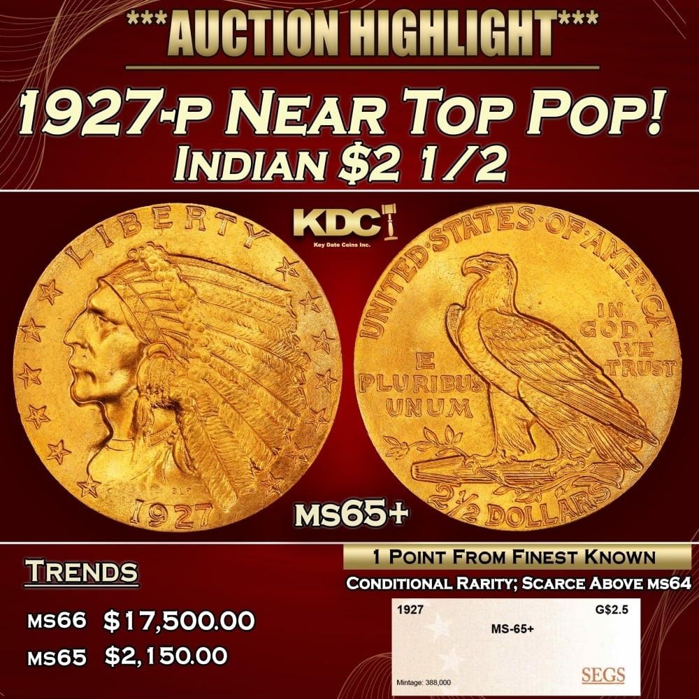 1927-p Gold Indian Quarter Eagle Near Top Pop! $2 1/2 ms65+ SEGS: 1927-p Near Top Pop! Gold Indian Quarter Eagle $2 1/2 ms65+ SEGS. Historic precious metal trends is causing increased spot pricing by the day. On auctions with set openings, we are doing our best to h