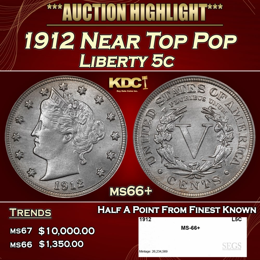 1912 Liberty Nickel Near Top Pop 5c ms66+ SEGS (1 of 3)