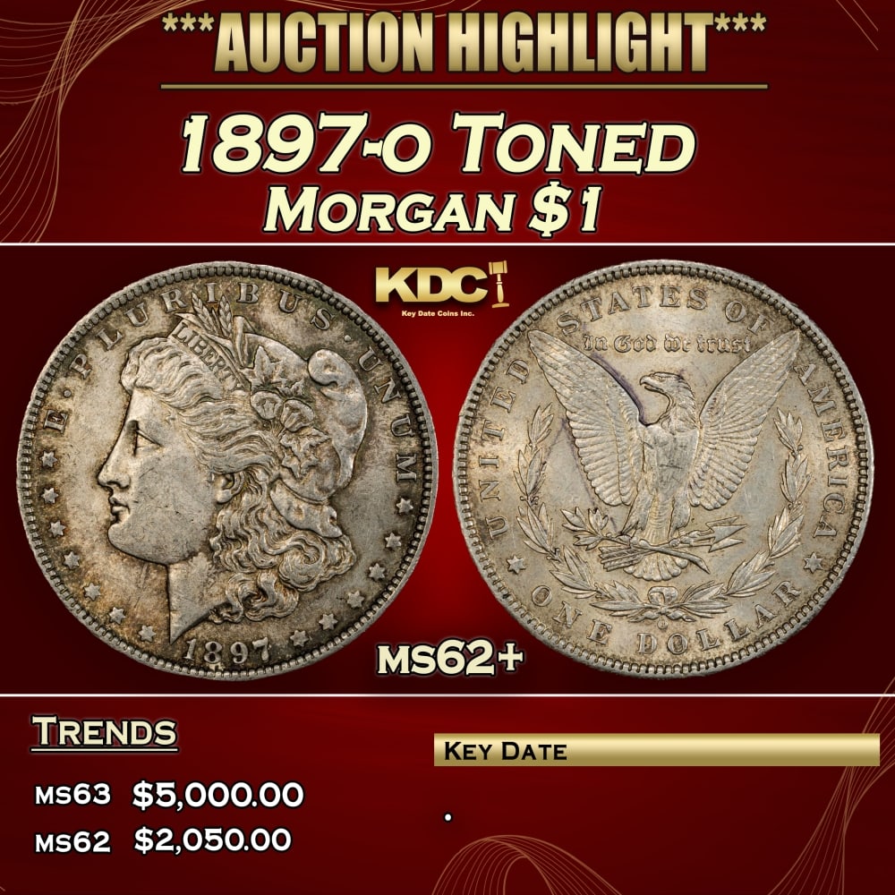 1897-o Morgan Dollar Toned $1 ms62+ USCG: 1897-o Toned Morgan Dollar $1 ms62+ USCG. 0