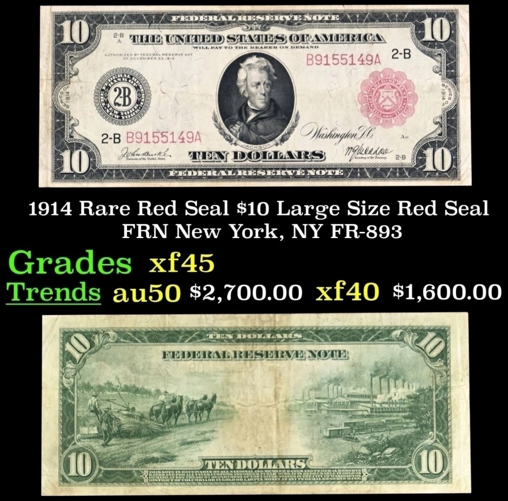 1914 FR-893 $10 Large Size Red Seal FRN Grades xf+ (1 of 3)
