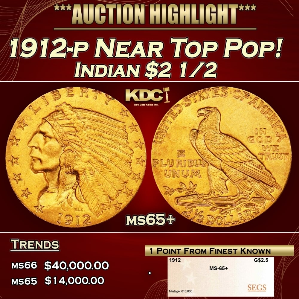 1912-p Gold Indian Quarter Eagle Near Top Pop! $2 1/2 ms65+ SEGS: 1912-p Near Top Pop! Gold Indian Quarter Eagle $2 1/2 ms65+ SEGS. Many Indian gold specialists consider the 1912 quarter eagle to be underrated in Gem and better condition. The spotlight is usually ho