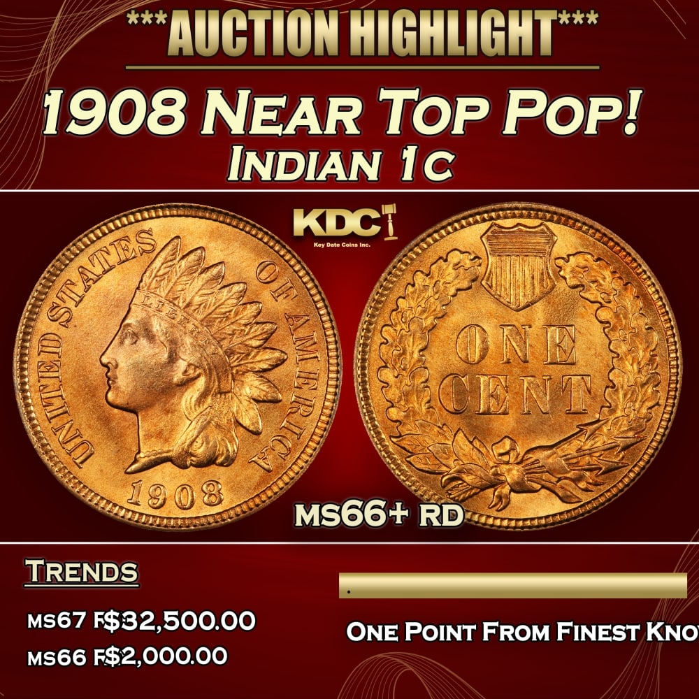 1908 Indian Cent Near Top Pop! 1c ms66+ rd SEGS (1 of 3)