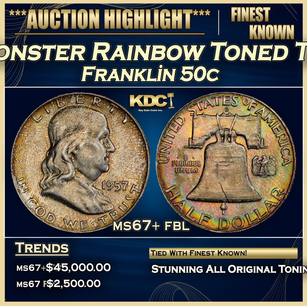 1957-d Franklin Half Dollar Monster Rainbow Toned TOP POP! 50c ms67+ fbl SEGS (1 of 3)