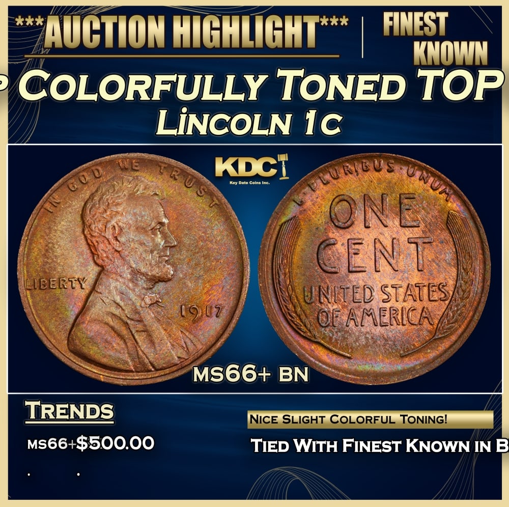 1917-p Lincoln Cent Colorfully Toned TOP POP! 1c ms66+ bn SEGS (1 of 3)
