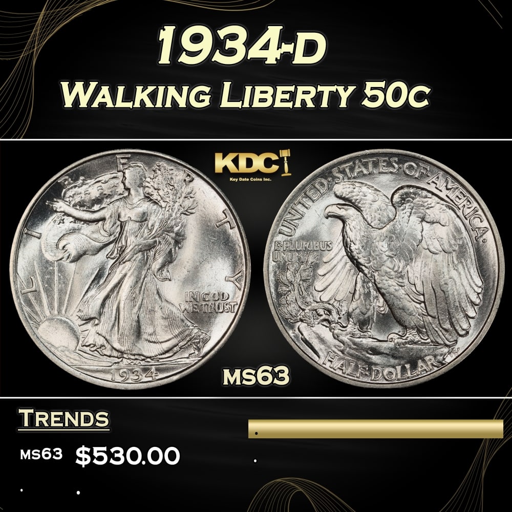 1934-d Walking Liberty Half Dollar 50c Grades ms63 (1 of 3)