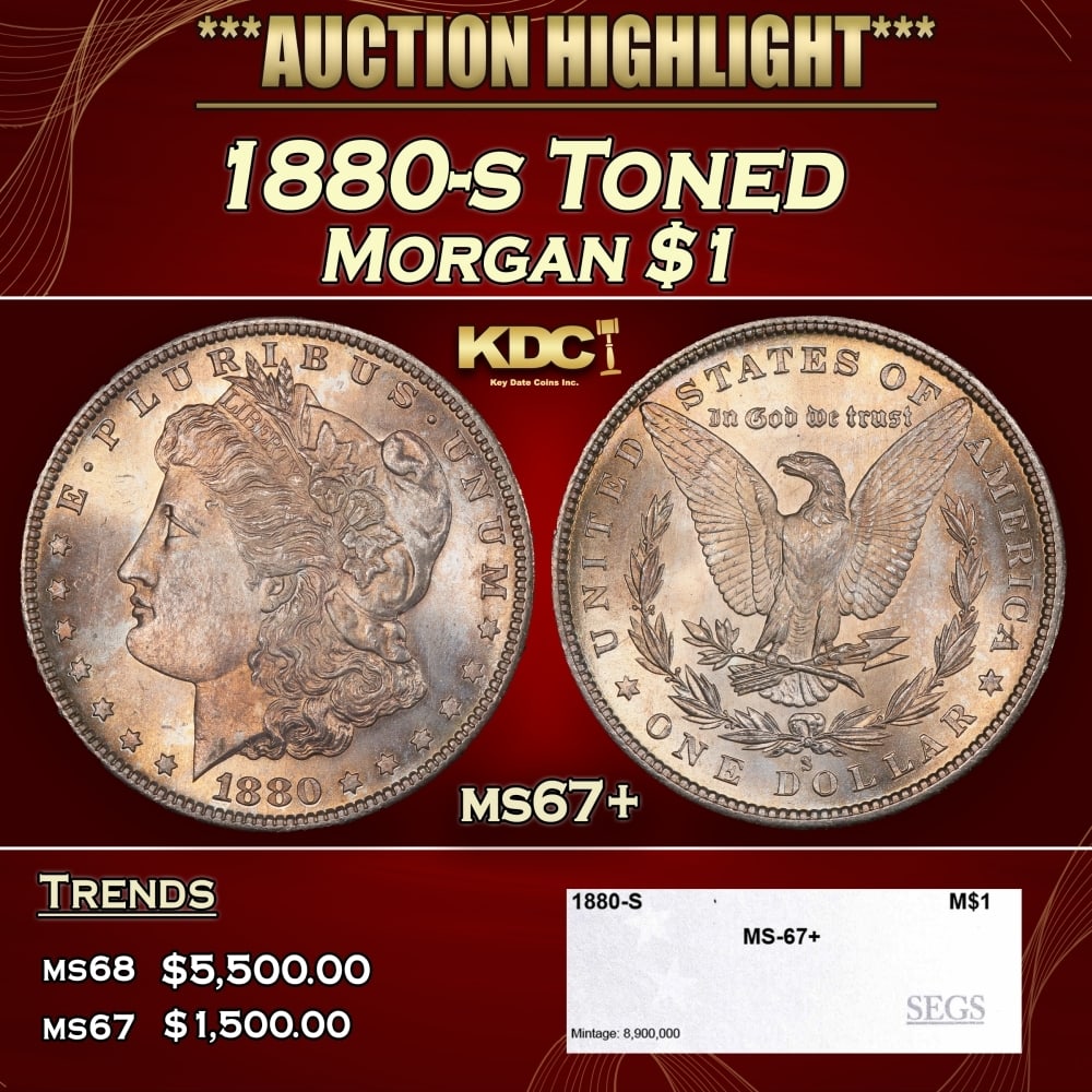 1880-s Morgan Dollar Toned $1 ms67+ SEGS: 1880-s Toned Morgan Dollar $1 ms67+ SEGS. 0