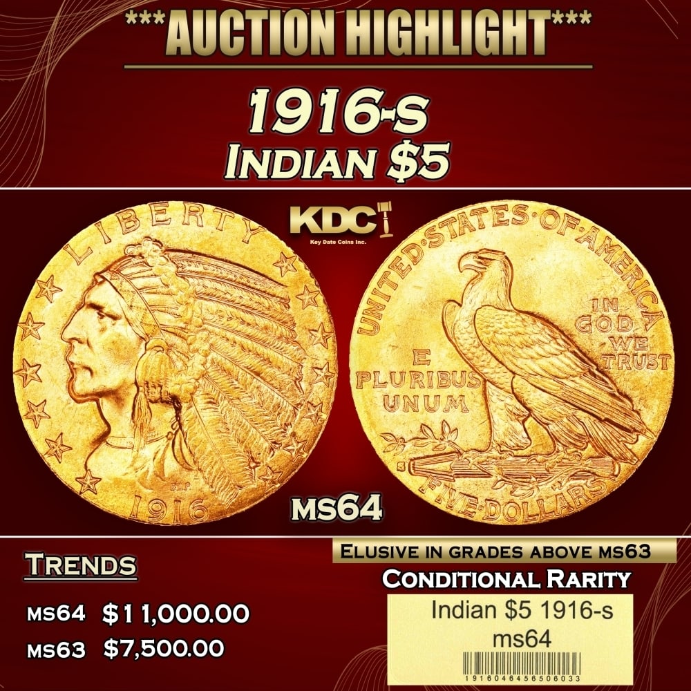 1916-s Gold Indian Half Eagle $5 ms64 USCG: 1916-s Gold Indian Half Eagle $5 ms64 USCG. Historic precious metal trends is causing increased spot pricing by the day. On auctions with set openings, we are doing our best to have items priced at th