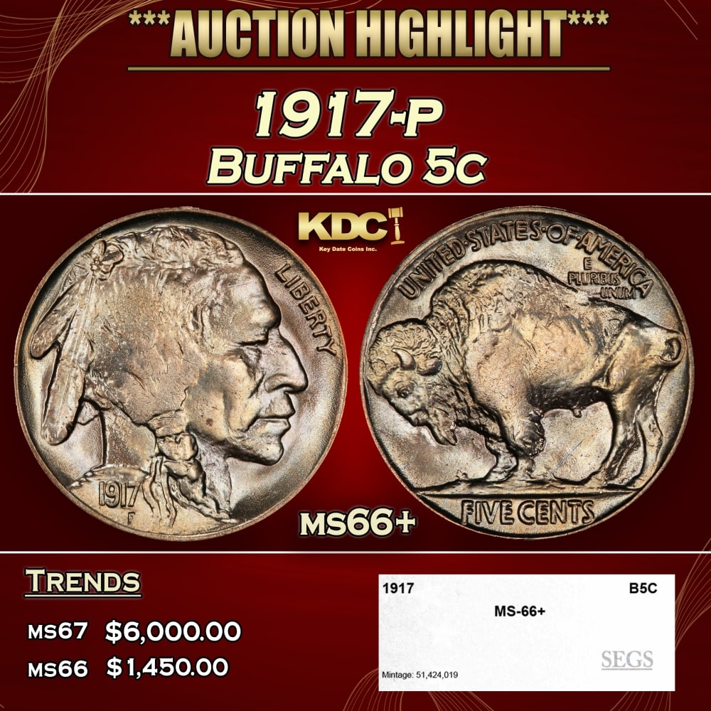 1917-p Buffalo Nickel 5c ms66+ SEGS (1 of 3)