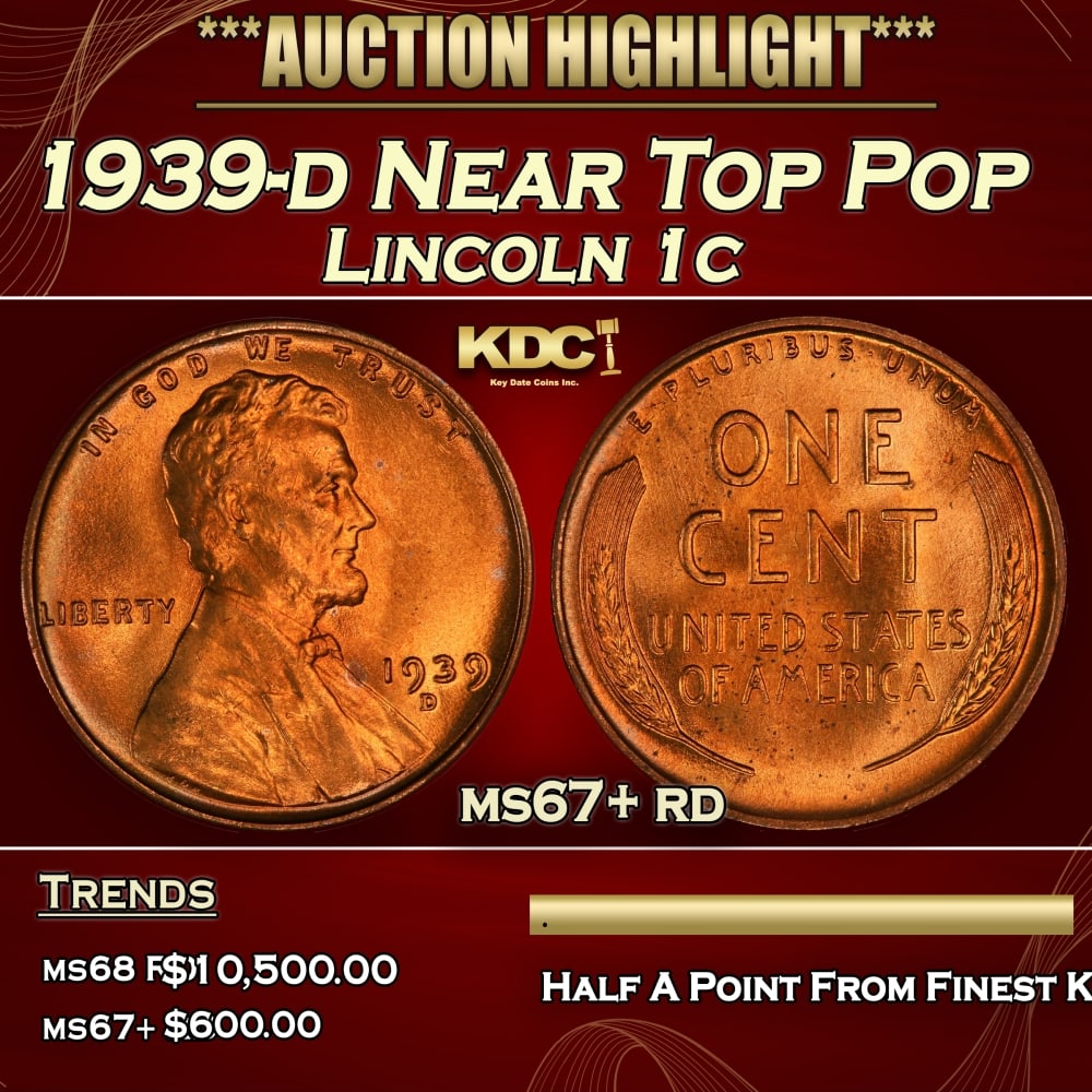 1939-d Lincoln Cent Near Top Pop 1c ms67+ rd SEGS: 1939-d Near Top Pop Lincoln Cent 1c ms67+ rd SEGS. 0