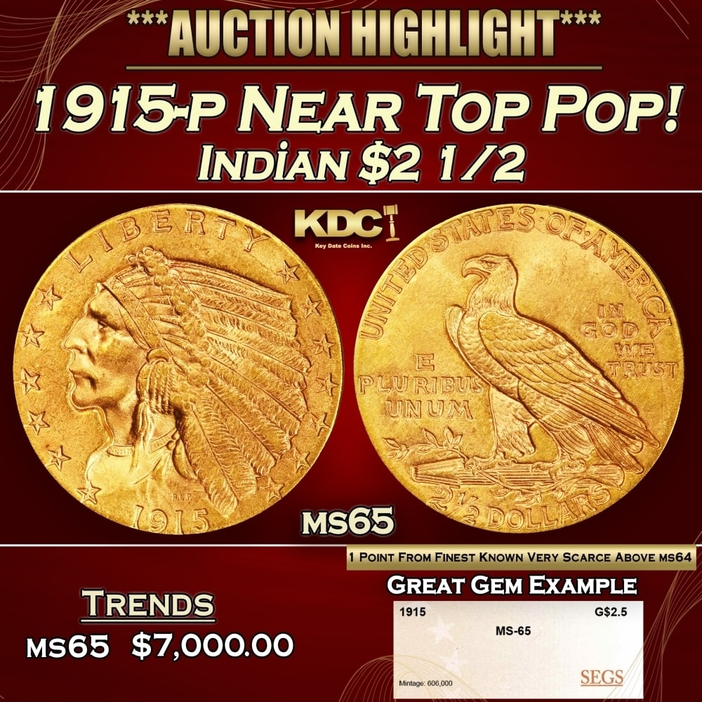 1915-p Gold Indian Quarter Eagle Near Top Pop! $2 1/2 ms65 SEGS: 1915-p Near Top Pop! Gold Indian Quarter Eagle $2 1/2 ms65 SEGS. The 1915 survives in great numbers through MS64, but like most other issues in Bela Lyon Pratt's Indian quarter eagle series, the popul