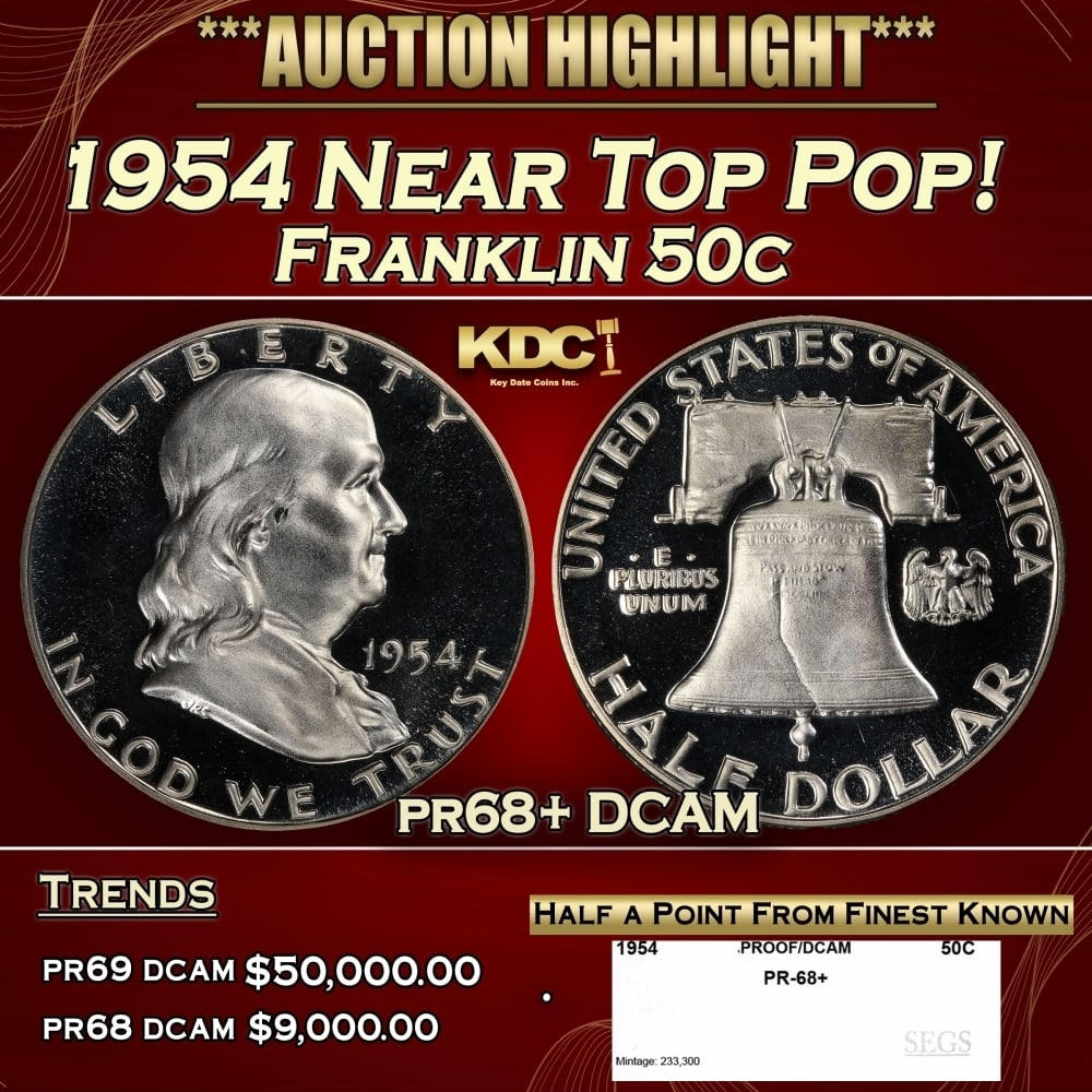 1954 Proof Franklin Half Dollar Near Top Pop! 50c pr68+ DCAM SEGS (1 of 4)