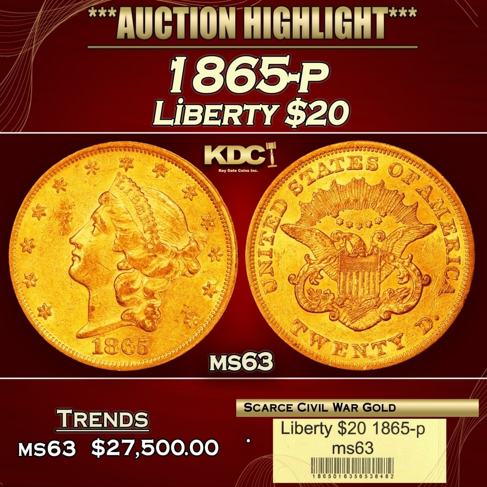1865-p Gold Liberty Double Eagle $20 ms63 USCG (1 of 4)