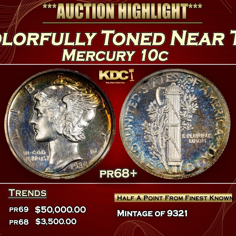 1939 Proof Mercury Dime Colorfully Toned Near Top Pop 10c pr68+ SEGS (1 of 3)