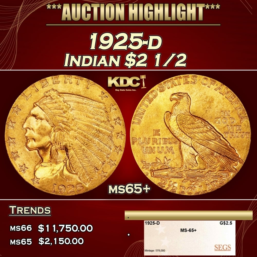 1925-d Gold Indian Quarter Eagle $2 1/2 ms65+ SEGS: 1925-d Gold Indian Quarter Eagle $2 1/2 ms65+ SEGS. Historic precious metal trends is causing increased spot pricing by the day. On auctions with set openings, we are doing our best to have items pric