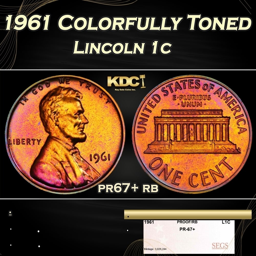1961 Proof Lincoln Cent Colorfully Toned 1c pr67+ rb SEGS (1 of 4)