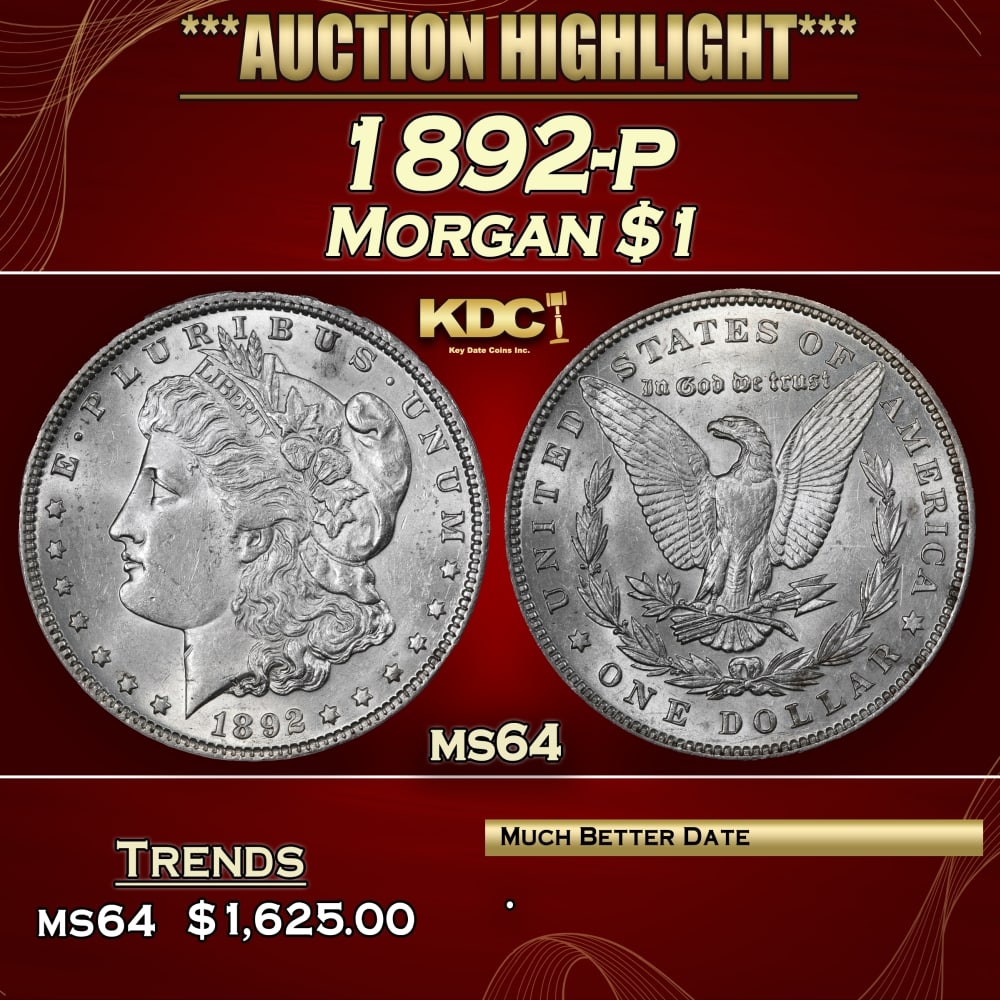 1892-p Morgan Dollar $1 ms64 SEGS: 1892-p Morgan Dollar $1 ms64 SEGS. 0