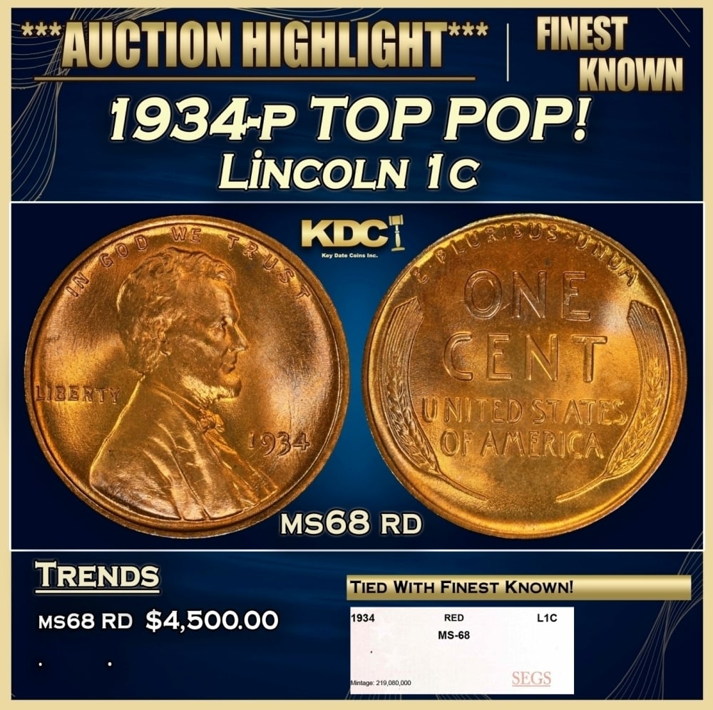 1934-p Lincoln Cent TOP POP! 1c ms68 rd SEGS (1 of 4)