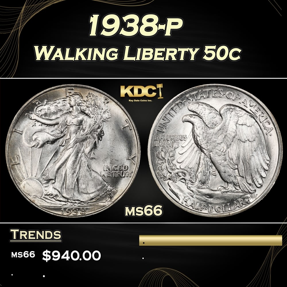 1938-p Walking Liberty Half Dollar 50c Grades ms66: 1938-p Walking Liberty Half Dollar 50c Grades ms66. 0