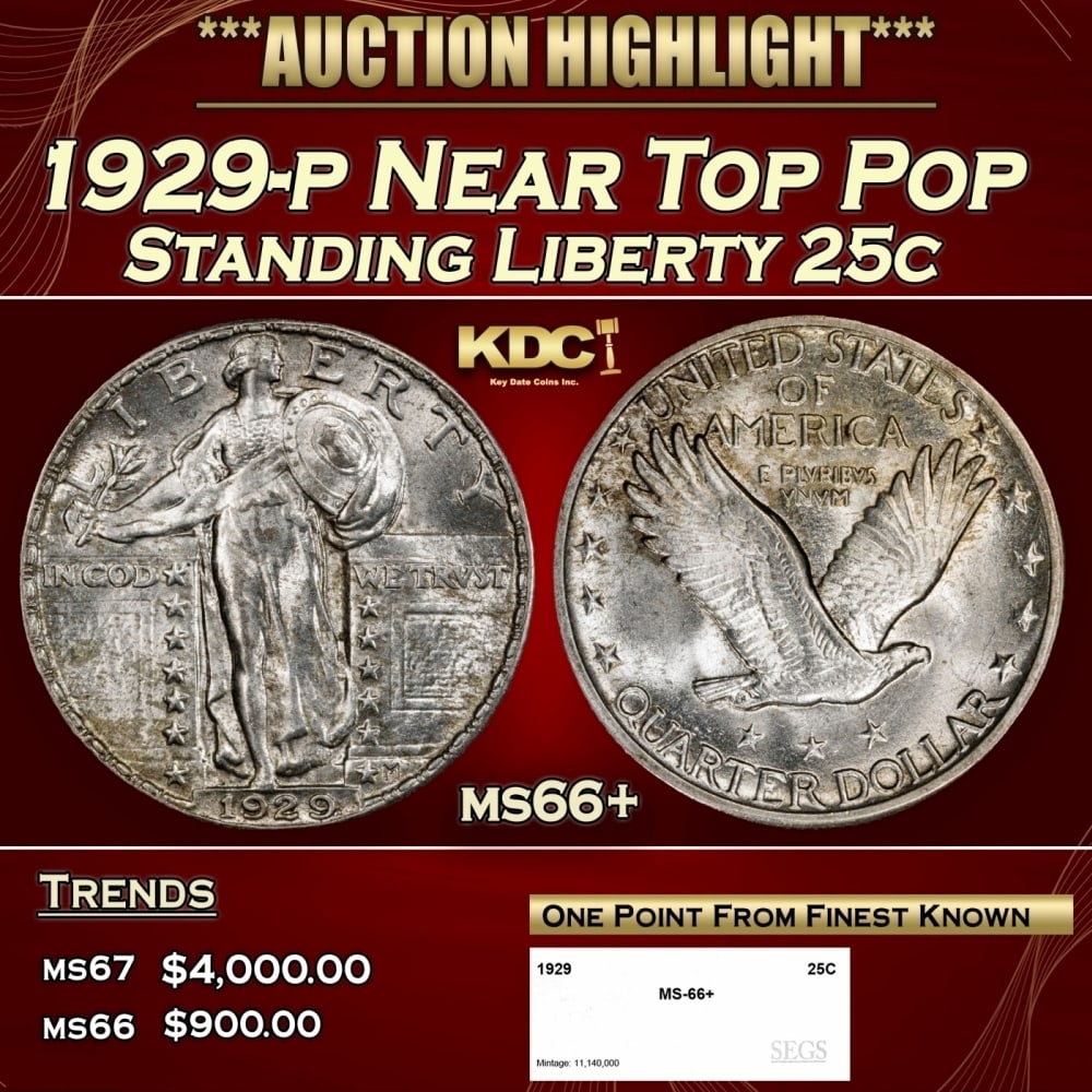 1929-p Standing Liberty Quarter Near Top Pop 25c ms66+ SEGS (1 of 4)