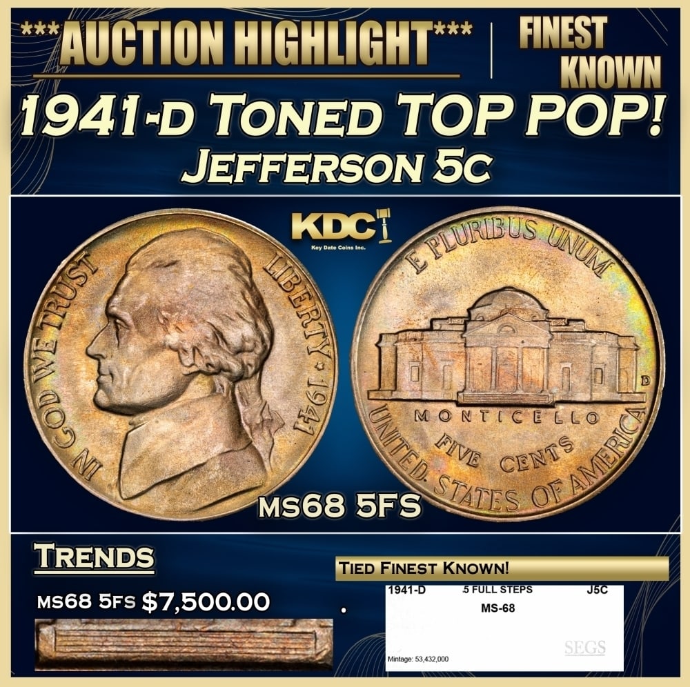 1941-d Jefferson Nickel Toned TOP POP! 5c ms68 5FS SEGS (1 of 4)