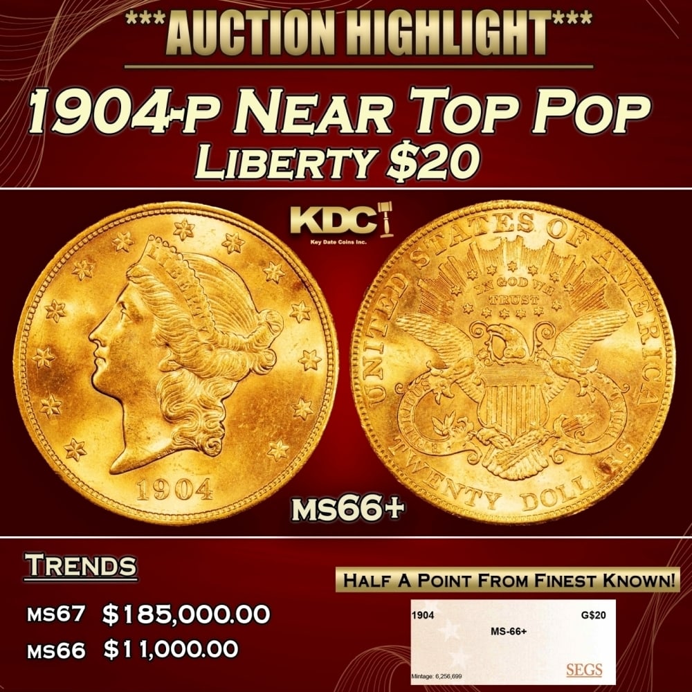1904-p Gold Liberty Double Eagle Near Top Pop $20 ms66+ SEGS (1 of 4)