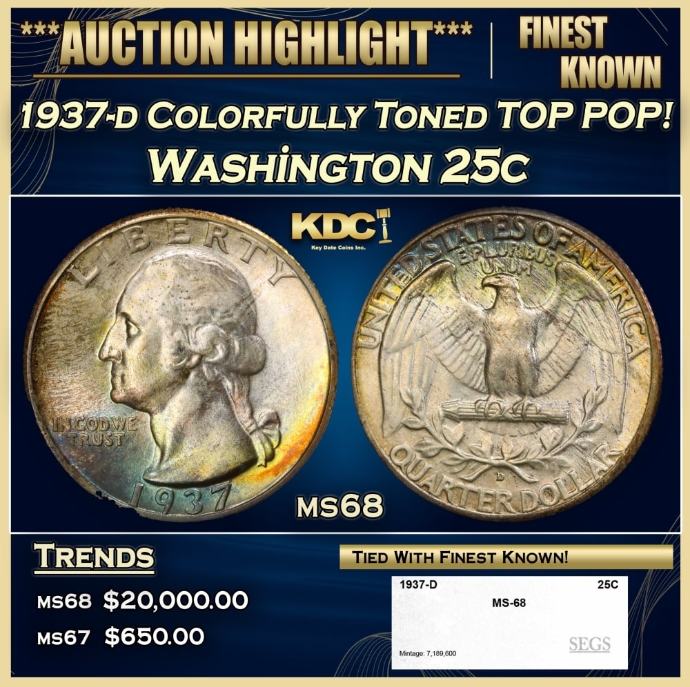 1937-d Washington Quarter Colorfully Toned TOP POP! 25c ms68 SEGS (1 of 4)