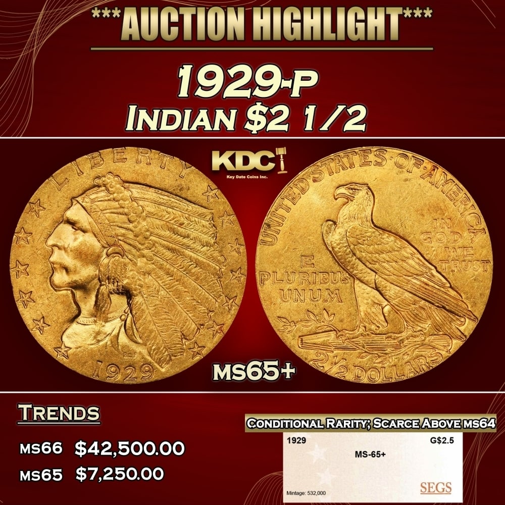 1929-p Gold Indian Quarter Eagle $2 1/2 ms65+ SEGS: 1929-p Gold Indian Quarter Eagle $2 1/2 ms65+ SEGS. Per David Akers Of PCGS "This is an unusual issue in that it is easy to find in MS-63 or lower condition but surprisingly difficult to locate in MS-