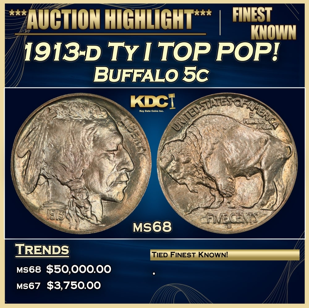1913-d Ty I Buffalo Nickel TOP POP! 5c ms68 SEGS (1 of 3)