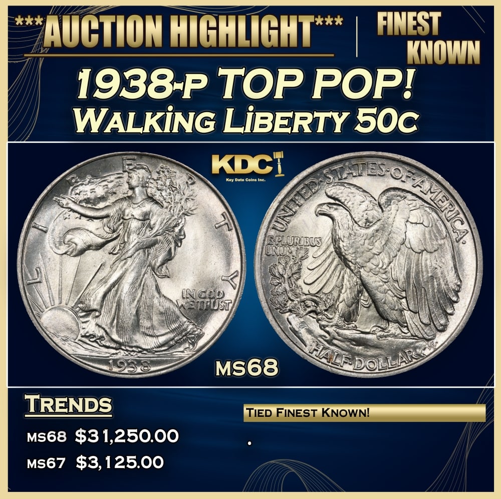 1938-p Walking Liberty Half Dollar TOP POP! 50c ms68 SEGS (1 of 3)