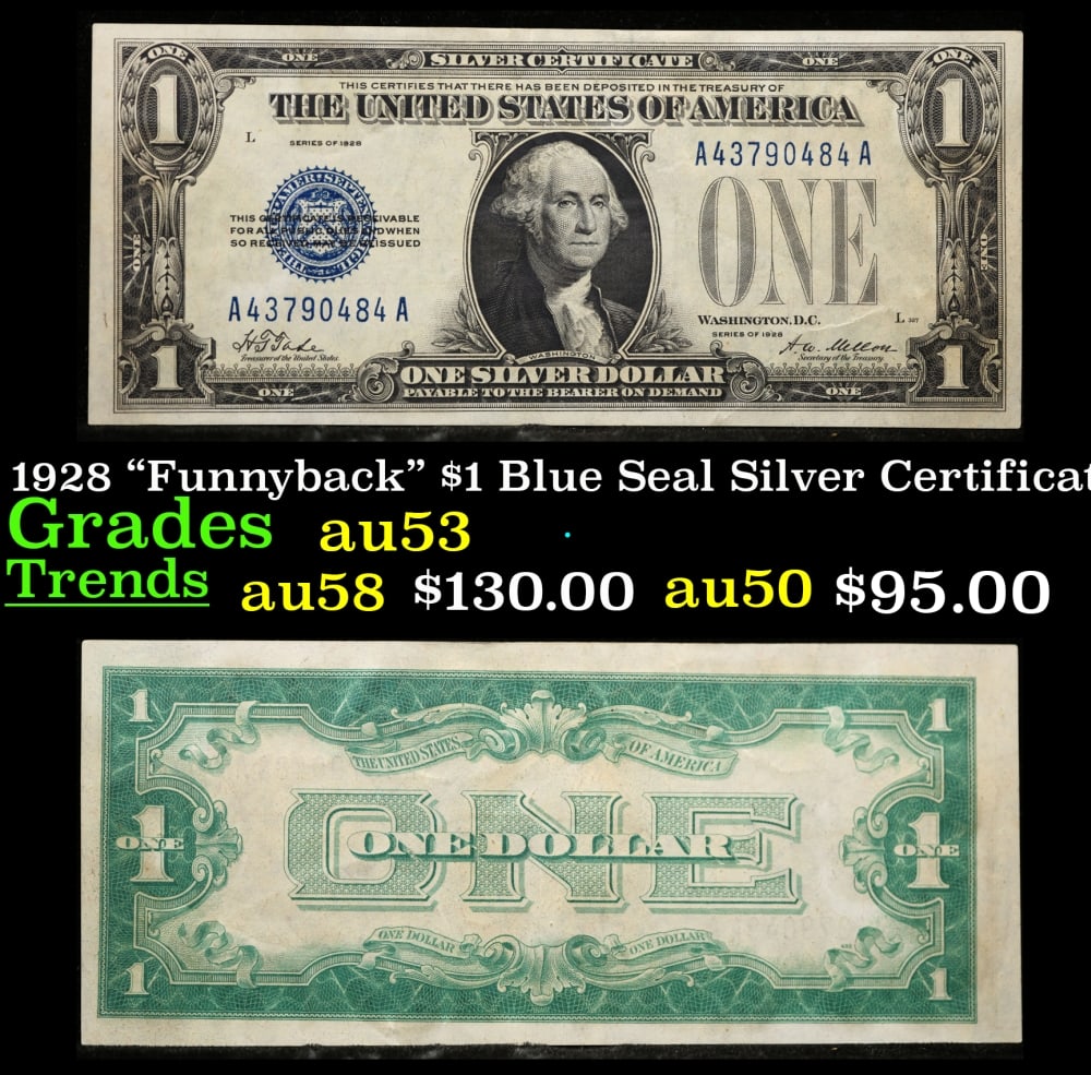 1928 $1 Blue Seal Silver Certificate "Funnyback" Grades Select AU: 1928 $1 Blue Seal Silver Certificate "Funnyback" Grades Select AU. FR-1600 Signatures Tate-Mellon These were the first notes to be called funnybacks. The reason they are called funnybacks is because o