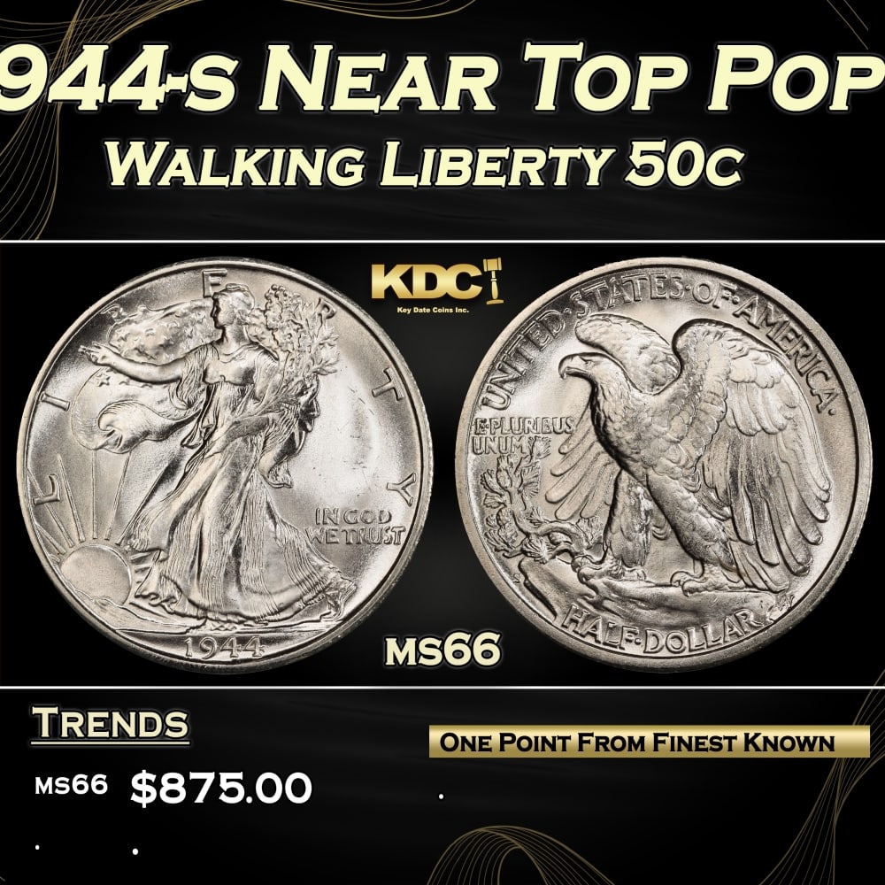 1944-s Walking Liberty Half Dollar Near Top Pop 50c Grades ms66: 1944-s Near Top Pop Walking Liberty Half Dollar 50c Grades ms66. 0