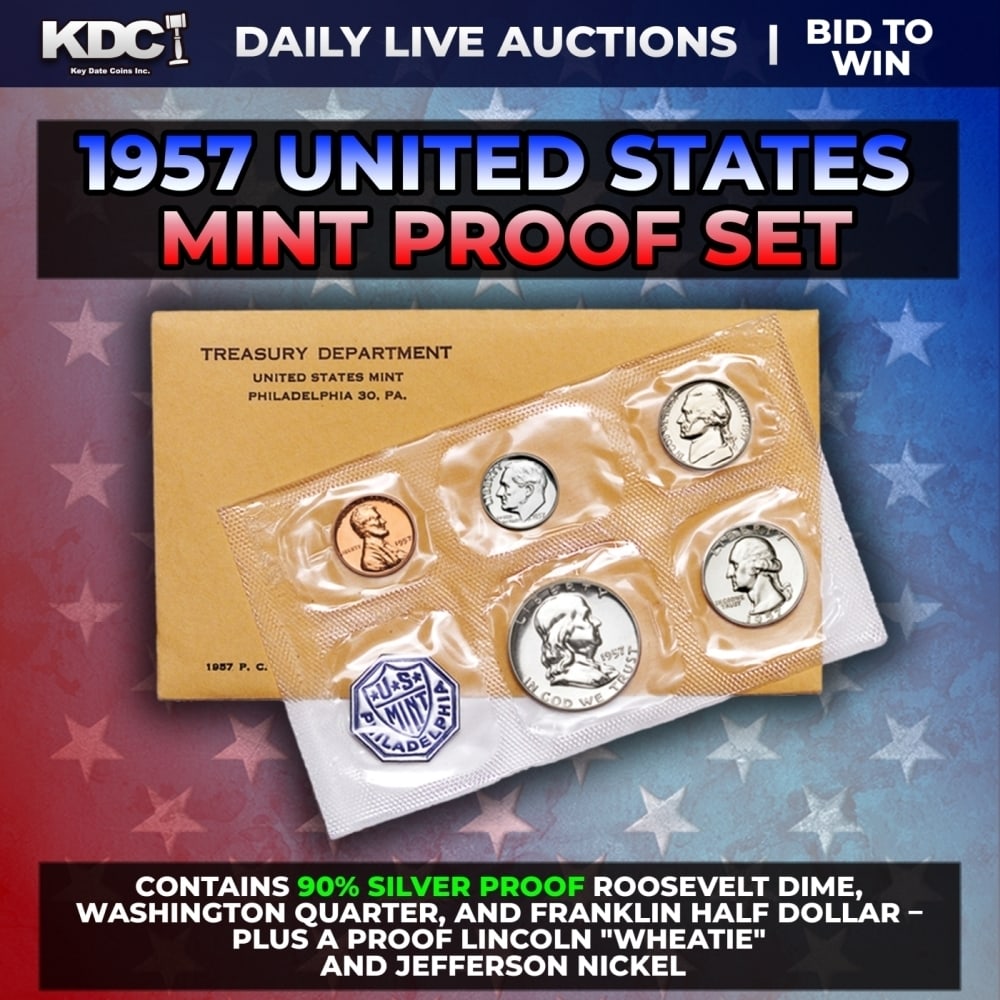 1957 United States Mint Silver Proof Set In Original Goventment Packaging, 5 Coins - Manilla (1 of 1)
