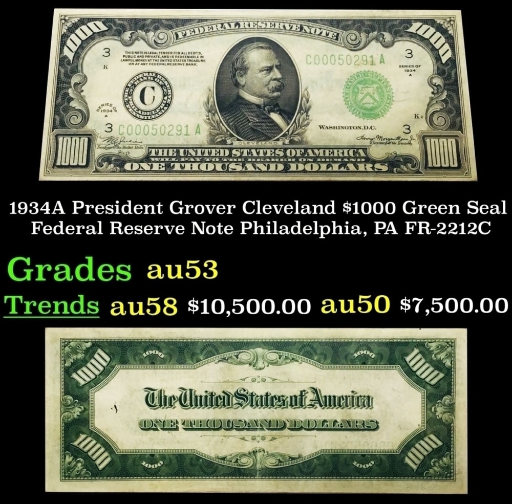 1934A FR-2212C $1000 Green Seal Federal Reserve Note Grades Select AU (1 of 3)