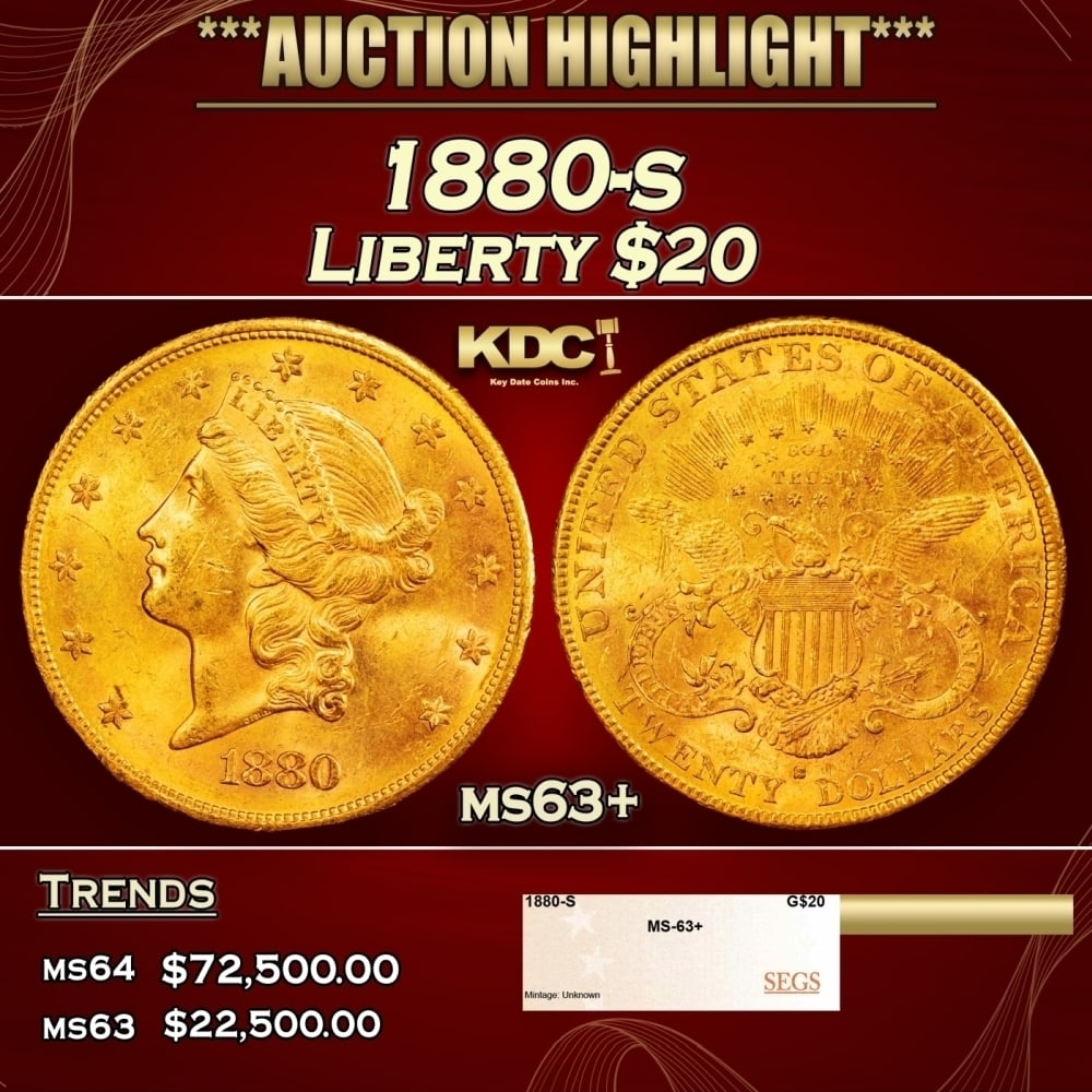 1880-s Gold Liberty Double Eagle $20 ms63+ SEGS: 1880-s Gold Liberty Double Eagle $20 ms63+ SEGS. 0