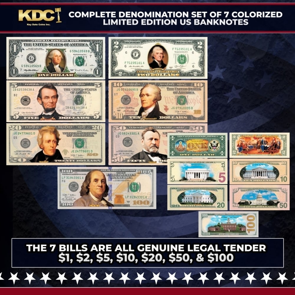 Complete Denomination Set of 7 Colorized 2-Sided US Banknotes ($1 to $100) The Bills Are Real Other: Complete Denomination Set of 7 Colorized 2-Sided US Banknotes ($1 to $100) The Bills Are Real. Here's your chance to own or give a complete collection of seven (7) very rare, limited edition COLORIZED