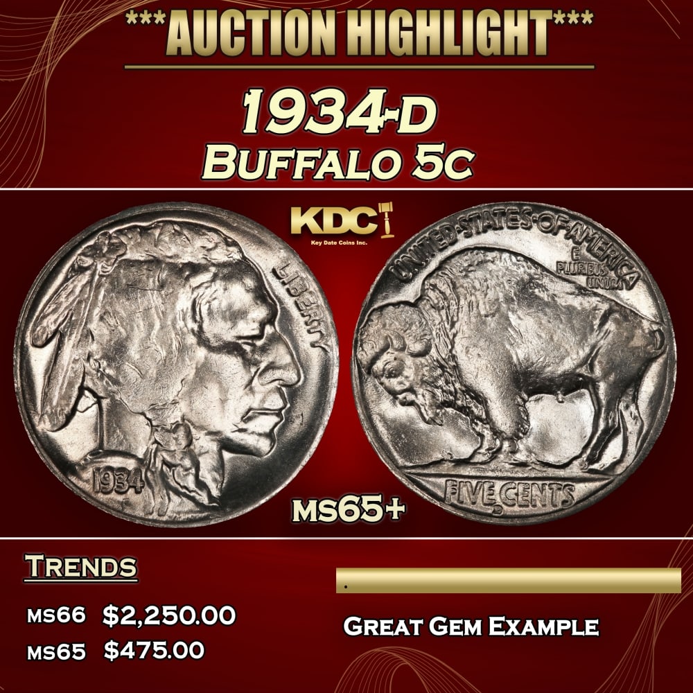 1934-d Buffalo Nickel 5c ms65+ SEGS (1 of 3)