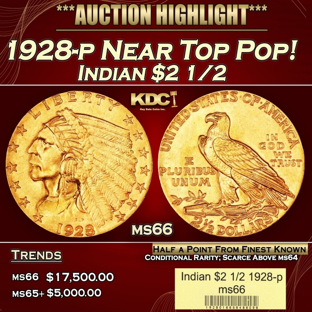 1928-p Gold Indian Quarter Eagle Near Top Pop! $2 1/2 ms66 USCG: 1928-p Near Top Pop! Gold Indian Quarter Eagle $2 1/2 ms66 USCG. Per David Akers of PCGS" The 1928 is slightly more rare overall than the 1926 and 1927 and although MS-63 or lesser quality specimens a