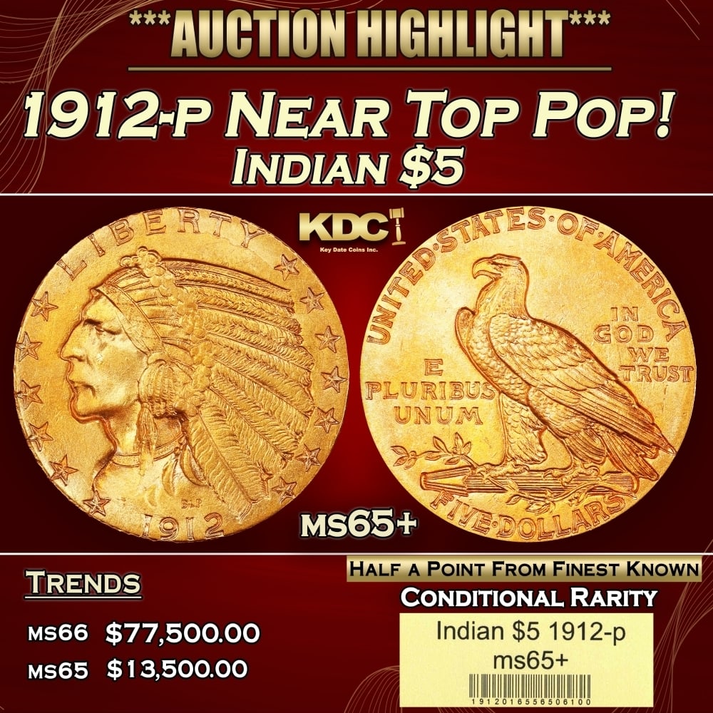 1912-p Gold Indian Half Eagle Near Top Pop! $5 ms65+ USCG (1 of 4)