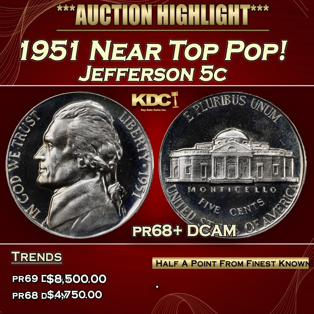 1951 Proof Jefferson Nickel Near Top Pop! 5c pr68+ DCAM SEGS (1 of 3)