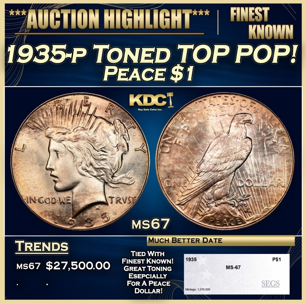 1935-p Peace Dollar Toned TOP POP! $1 ms67 SEGS (1 of 4)